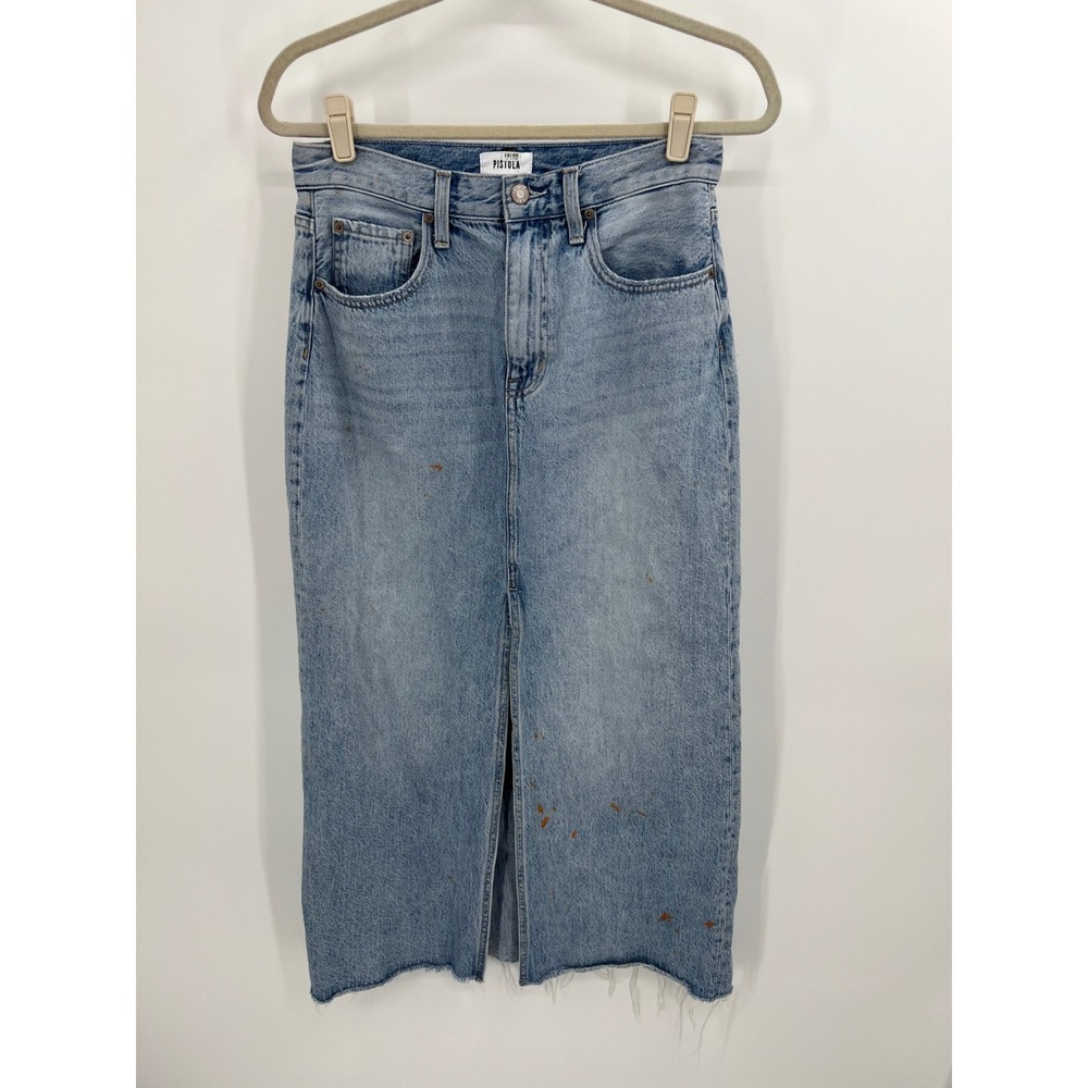 Pistola Denim Midi Skirt Size 28 | Light Wash Front Slit Raw Hem Paint Speckle